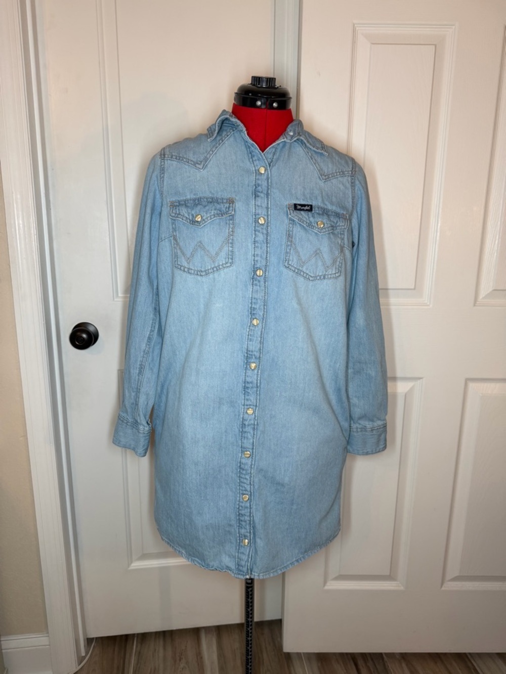 Wrangler Retro Long Sleeve Snap Denim Shirt Dress Light Wash Women XS Pockets